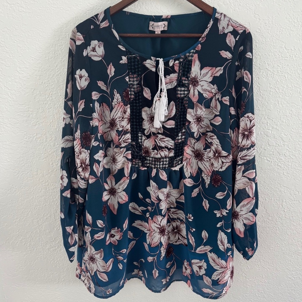 Nanette Lepore Floral Tunic Blouse Top Women's 1X Sheer Sleeves Botanical Boho